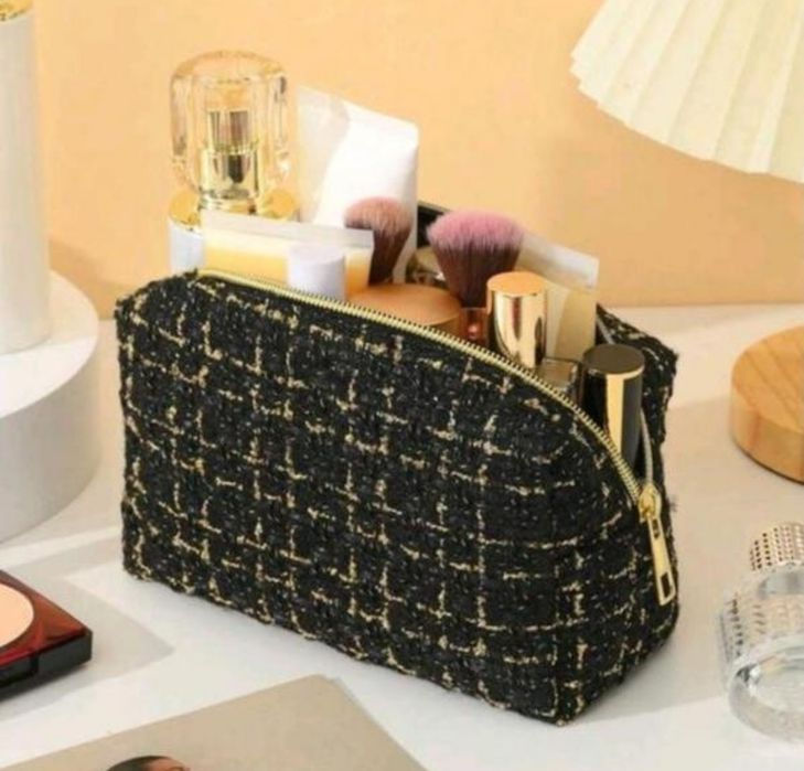 Косметична сумка з великою ємністю в клітинку з золото-чорним візерунк
