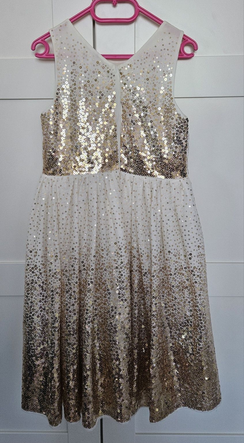 Sukienka H&M 128 rozmiar 7-8 lat ecru złota cekiny komunia ślub wesele