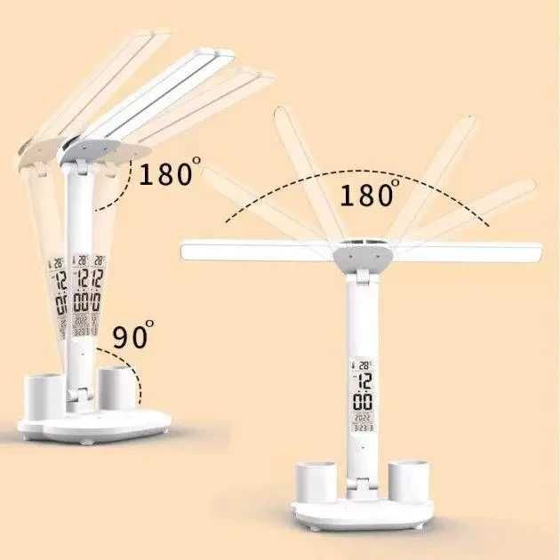 LED настільна лампа на акумуляторі з термометром годинником календарем