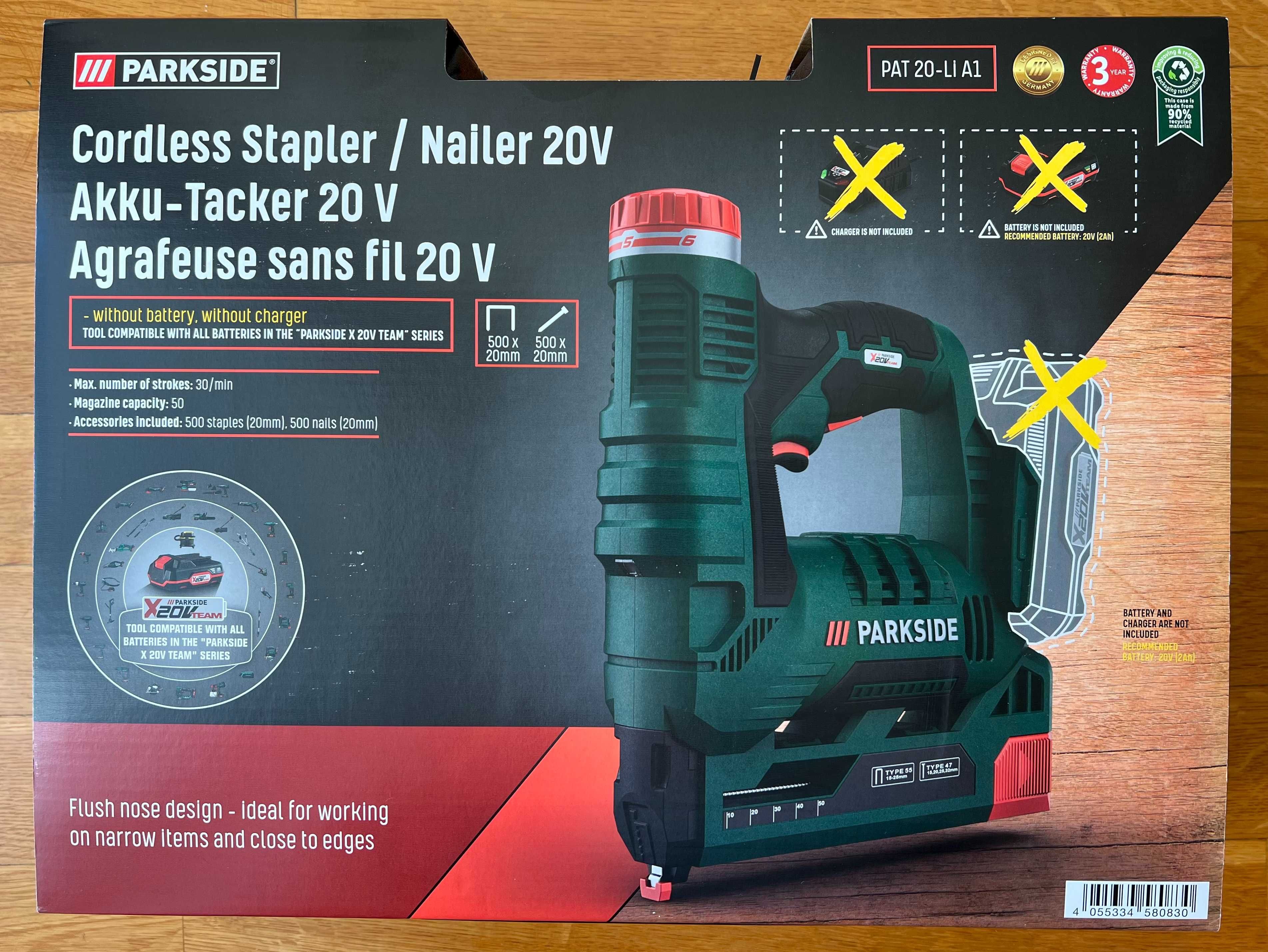 Zszywacz  akumulatorowy gwoździarka Parkside PAT 20V A1 model 2025r.