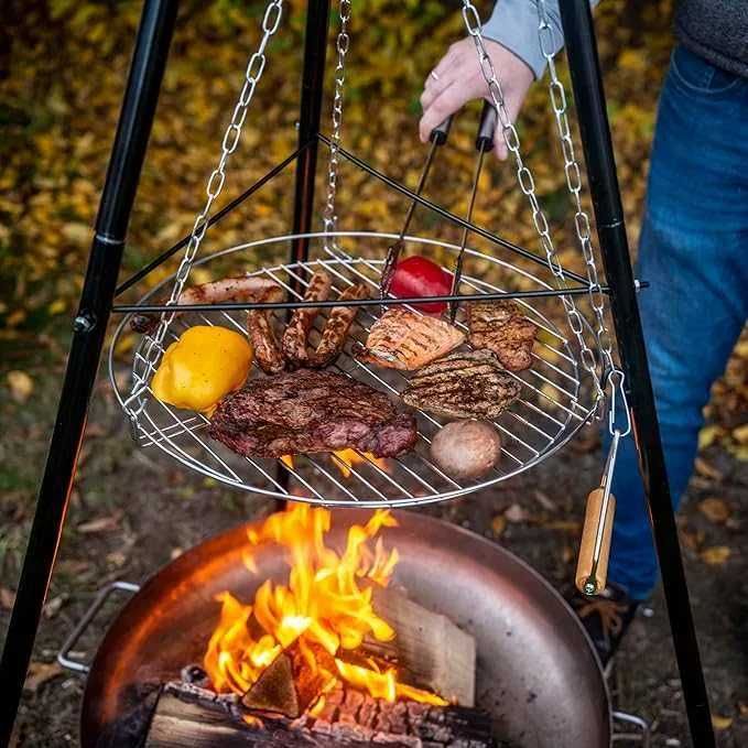 Grill Ogrodowy Wiszący Ruszt Palenisko Trójnóg Chromowany Solidny
