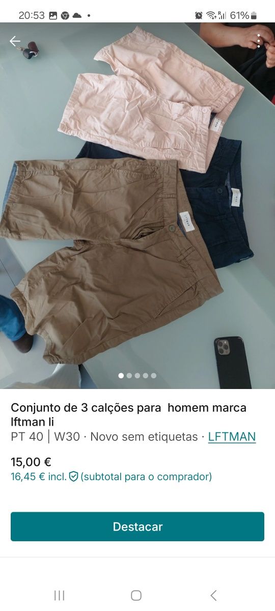 Pack de 3 calções para homem tamanha 40