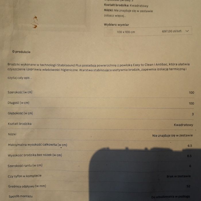 Nowy brodzik z drobnymi ryskami firmowy CORDOBA do kabiny SCHEDPOL