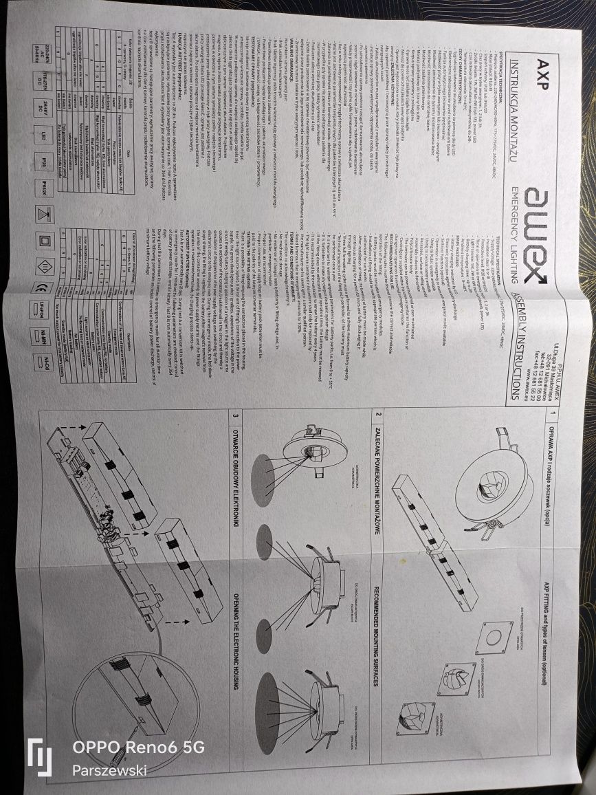 Oświetlenie awaryjne AXP LED 3w AKU 3000 mAh czas pracy do 3h