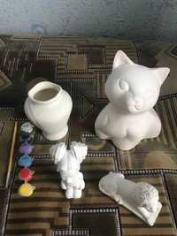 Гипсовые статуэтки кот, лев, ваза, фиксик