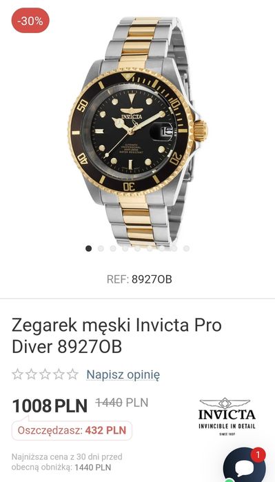 Zegarek Invicta Pro Diver 8927OB automat mechanizm Seiko Casio