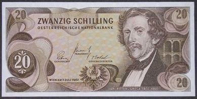 Austria 20 schilling 1967 - Carl Ritter Ghega - stan bankowy UNC