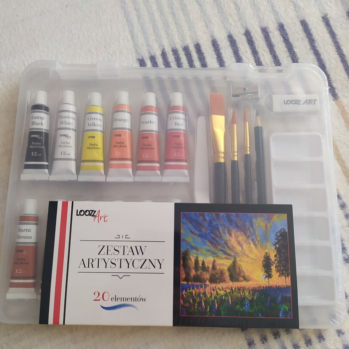 Zestaw artystyczny 20 elementów, farby, pędzle, szpachla, gumka, itd..