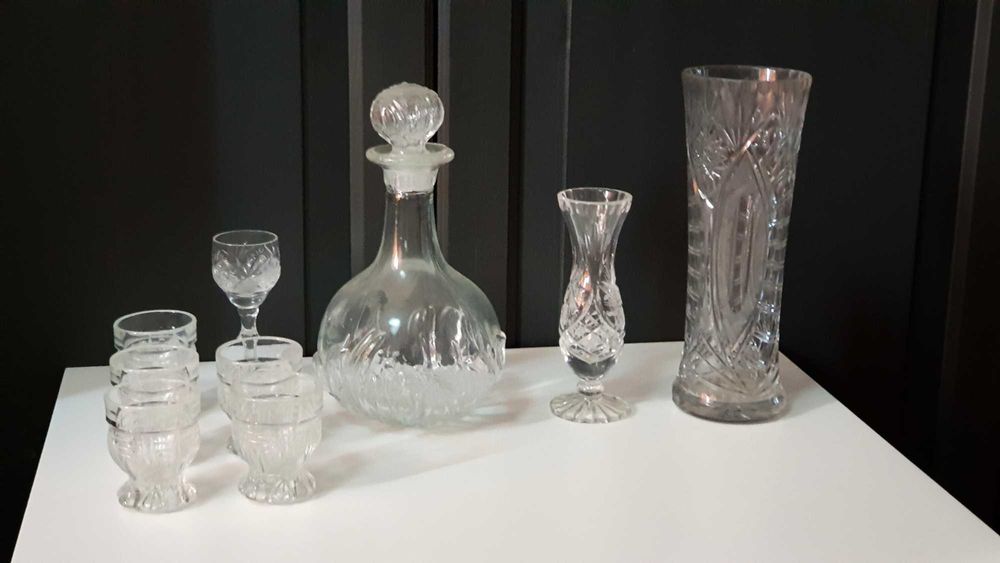 Kryształy PRL | Karafka, misa, kieliszki, wazon