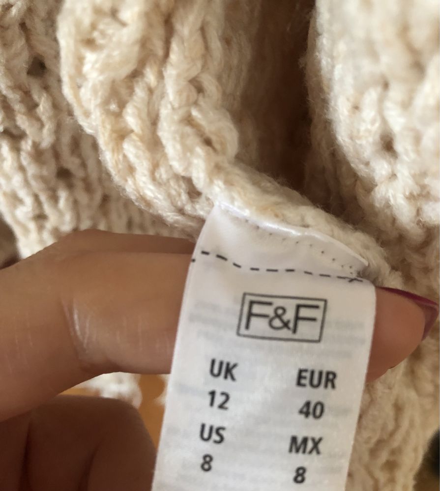 Ażurowy kremowy sweter z frędzlami w stylu boho 40 F&F