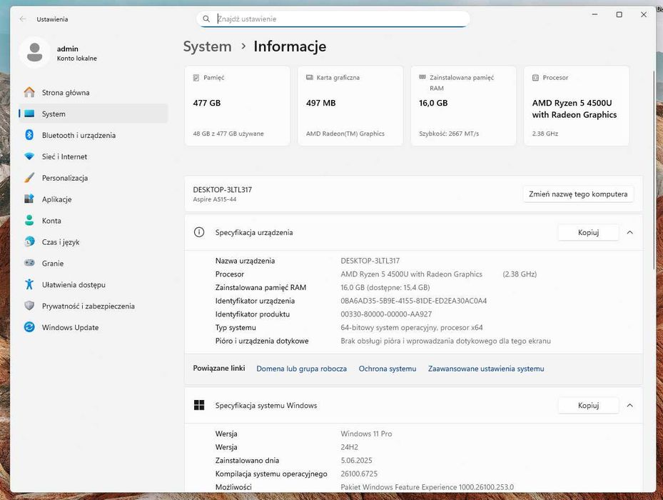 Acer 515-44 Ryzen 5 4500U 16GB DDR4 SSD 512GB Win11Pro Świetny Stan