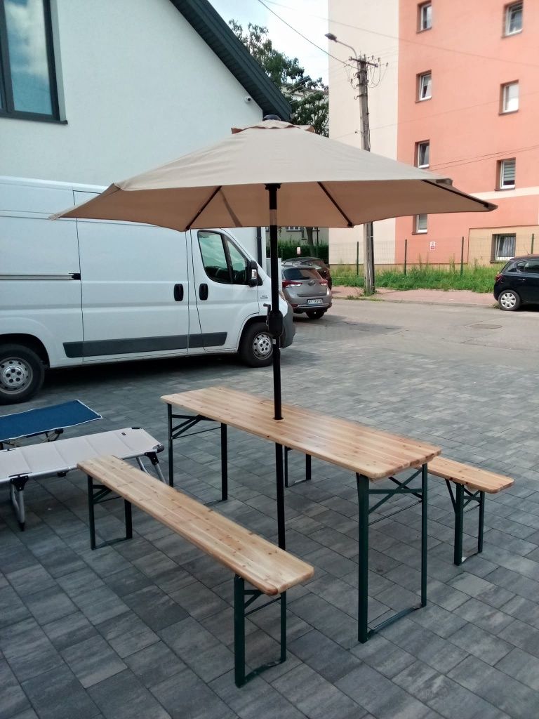Zestaw mebli ogrodowych Kesser składany drewno. GRATIS PARASOL