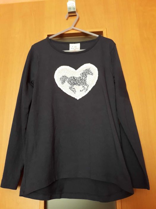 Bluzka granatowa cekiny serduszko, koń, Topolino, 100% bawełna 128