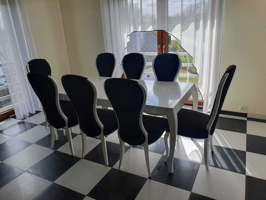 Stylowy stół obiadowy lakierowany biały połysk 90/180 + 8 krzeseł !