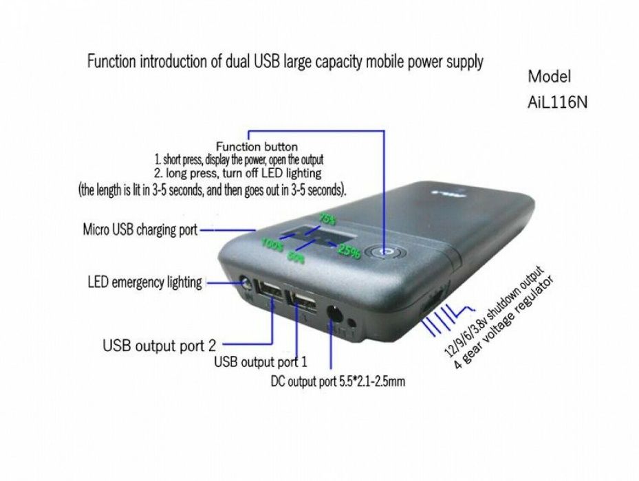 PowerBank зарядное - для 6шт x 18650. Напряжение 3.7В, 5В, 6В, 9В, 12В