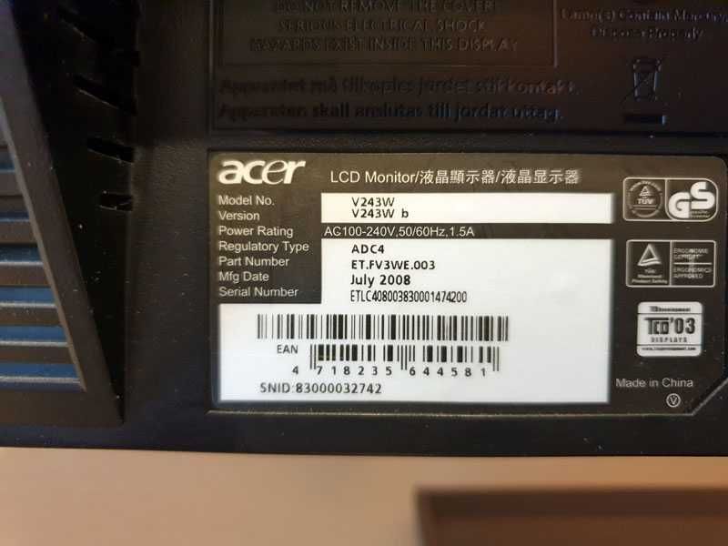 Monitor Acer 24" VGA / Displayport Zadbany!