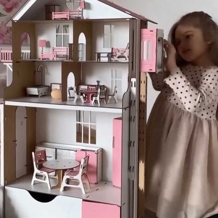 Ляльковий будиночок 93 см із ліфтом, меблями  для барбі та лол