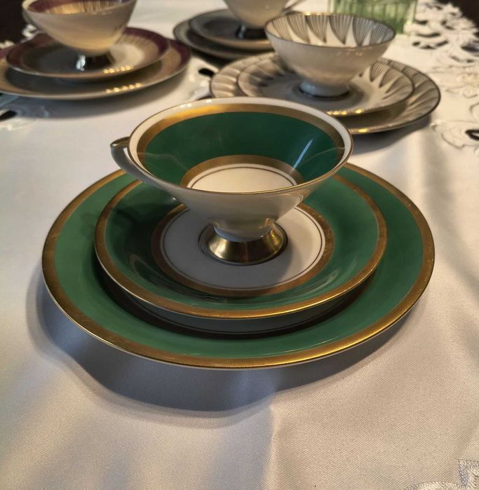 Trio kawowe Bavaria – Johann Seltmann – zielone ze złotem (lata 40–50)
