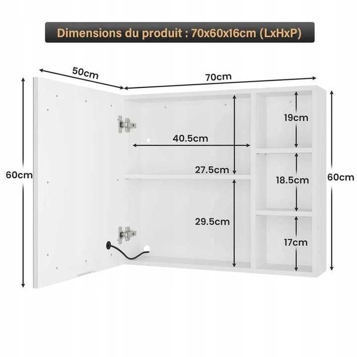Szafka Łazienkowa z Lustrem Oświetleniem LED pólki 70 X 60 Hollywood