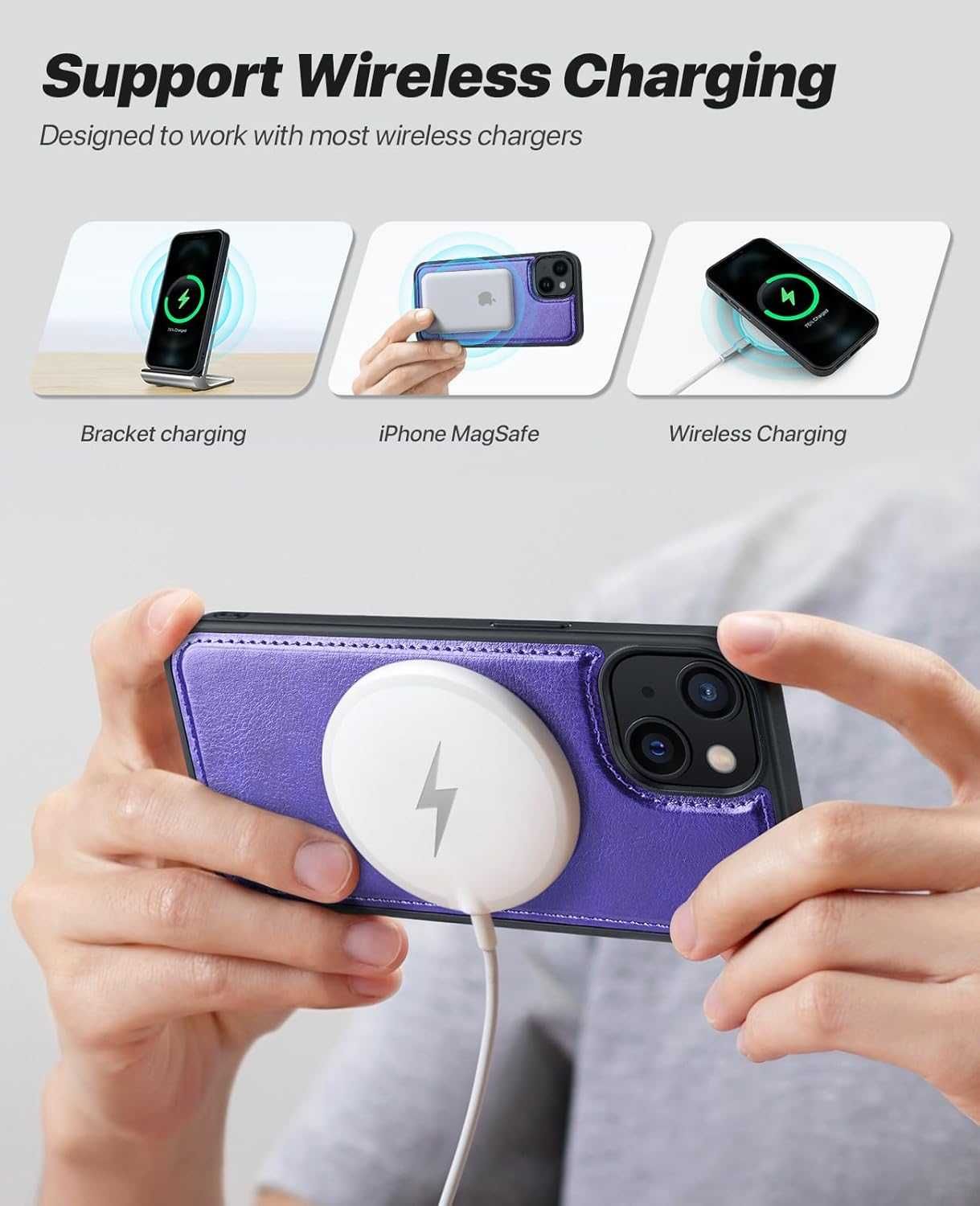 Ocase etui skórzane z klapką iPhone 15 magsafe stojak fiolet RFID 2w1