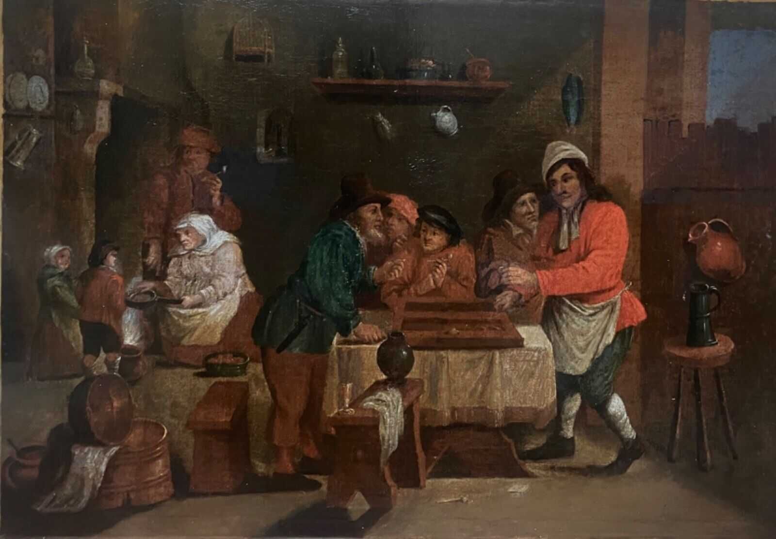 Duży obraz olejny Holenderska scenka rodzajowa XVIII wiek