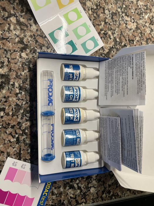 Kit de testes da Prodac para aquários, com 4 análises essenciais.