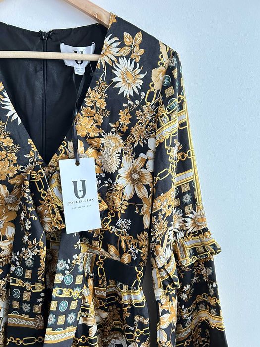 Nowa z metką sukienka mini złoto czarna z falbankami 38 U Collection