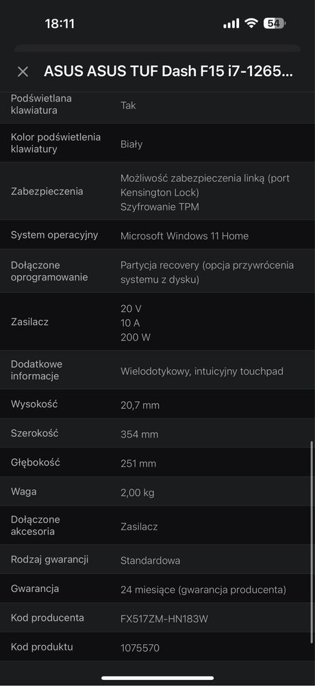ASUS TUF Dash gamingowy F15 i7-12650H/16GB/512/Win11/RTX3060/144Hz