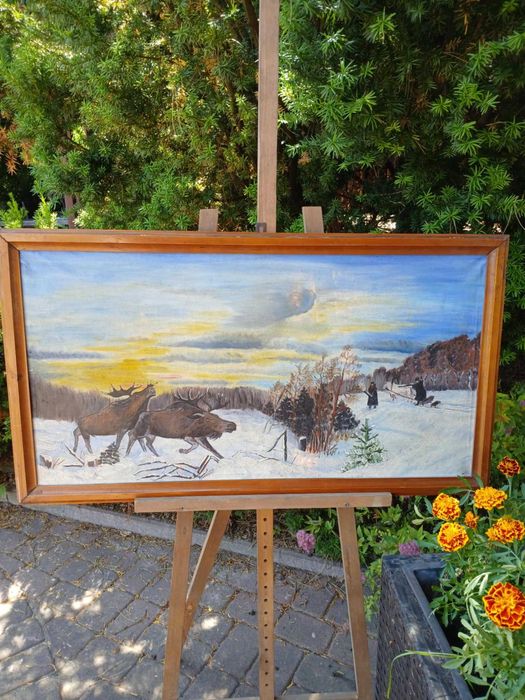 Obraz ręcznie malowany, stary Łosie, scenka na śniegu, polowanie 93x52