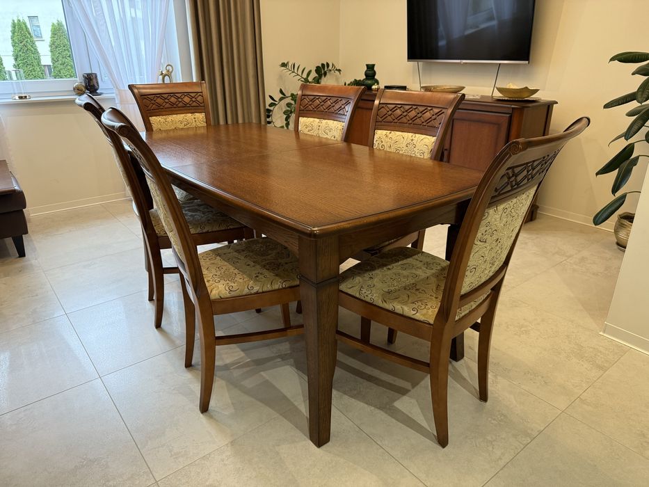 Komplet Stół Drewniany Rozkładany  + 6 krzeseł + komoda RTV