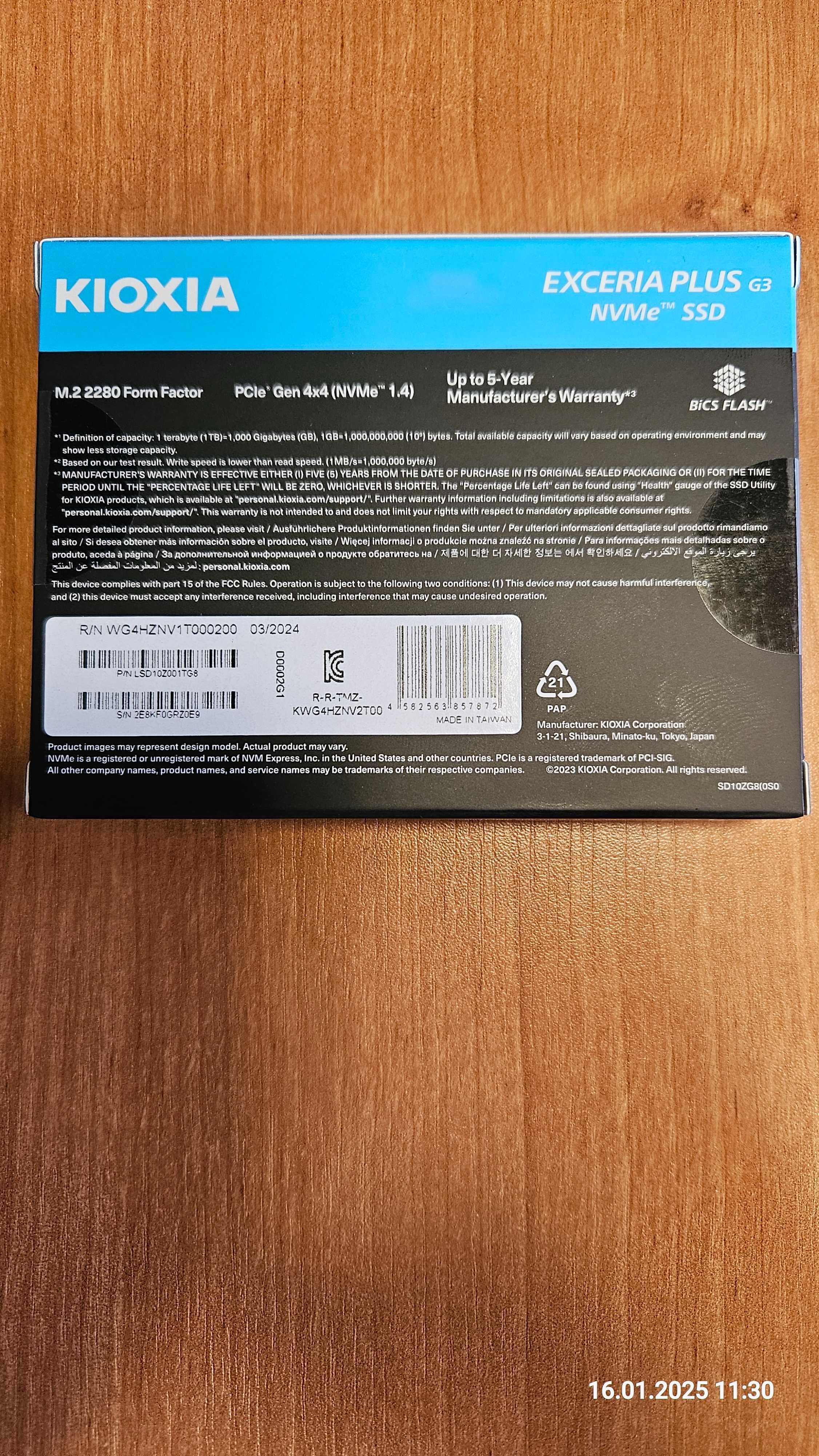 Dysk SSD Kioxia Exceria Plus G3 NVMe 1TB M.2 PCIe , nowy LSD10Z001TG8