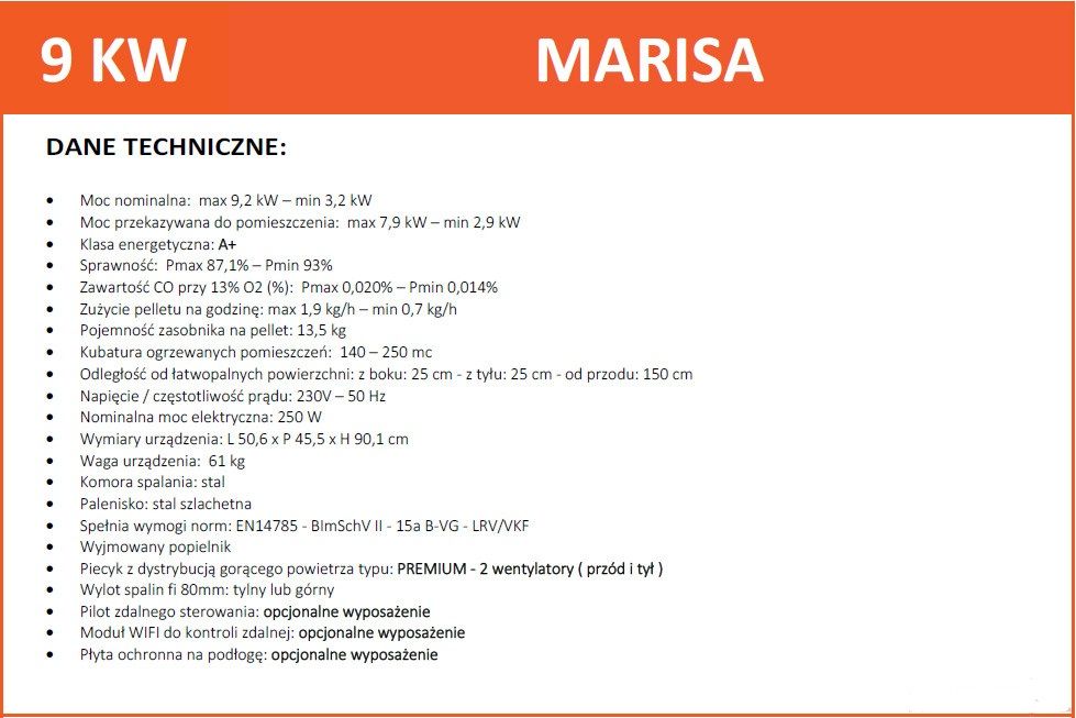 Piec na pelet pellet z DGP, dystrybucją gorącego powietrza Marisa 9 kW
