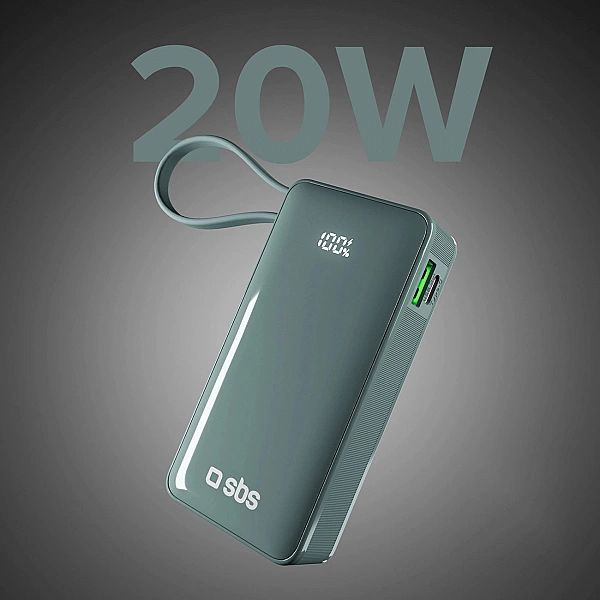 Powerbank SBS 10000 mAh 20W z wbudowanym kablem USB-C i wyświetlaczem
