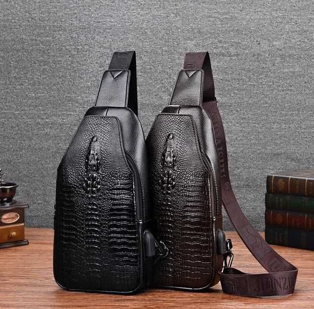 Чоловіча черная коричневая сумка бананка барсетка ранец з крокодилом