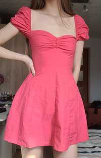 Piękna sukienka fuksja, róż, koral, bufiaste ramiona, Bershka S/36