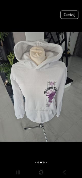 Biała bluza z kapturem oversize japan style bluza z nadrukiem Bershka