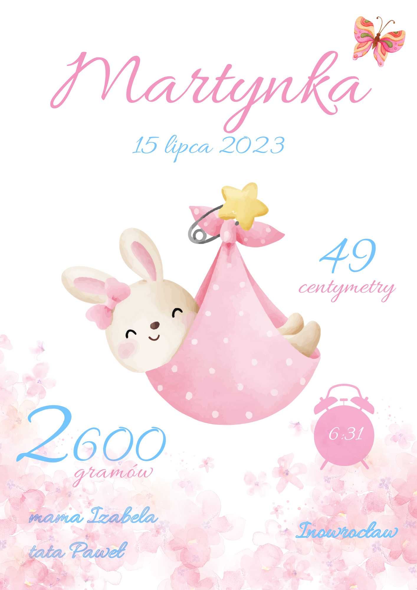 Metryczka narodziny dziecka w ramce A4