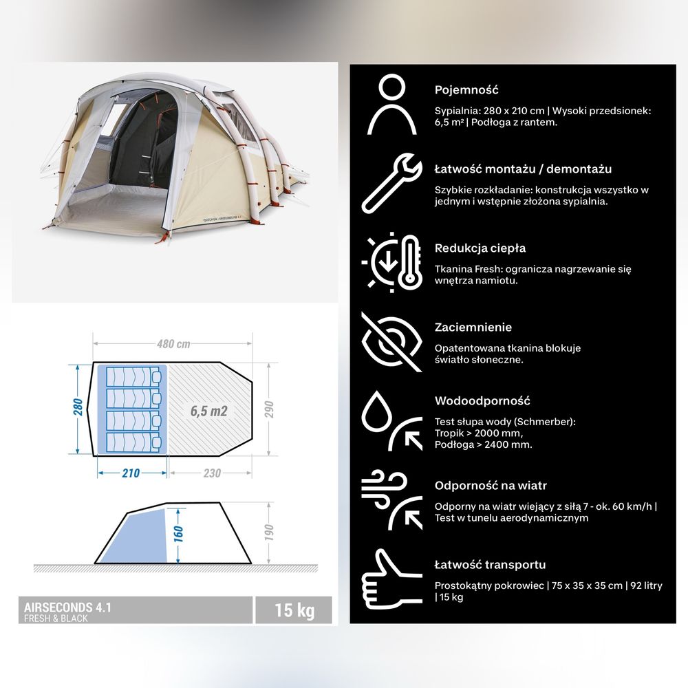 Namiot Decathlon Quechua Air Seconds 4.1 F&B - dmuchany (jak NOWY)