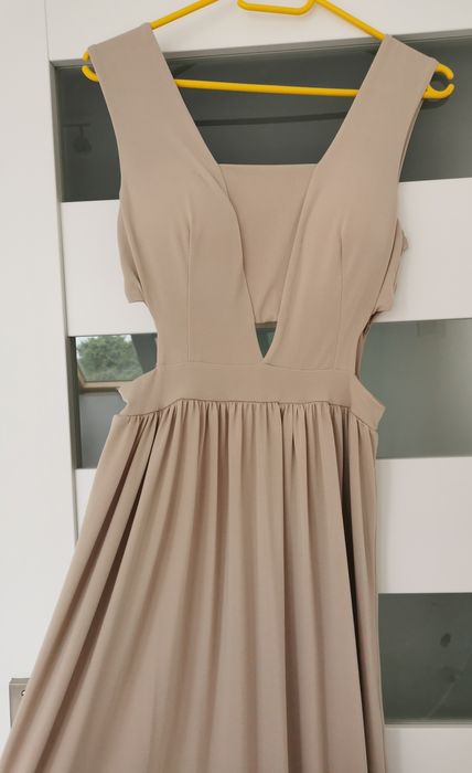 Sukienka maxi z wycięciami beżowa codzienna,wesele,wieczorowa, r.uni