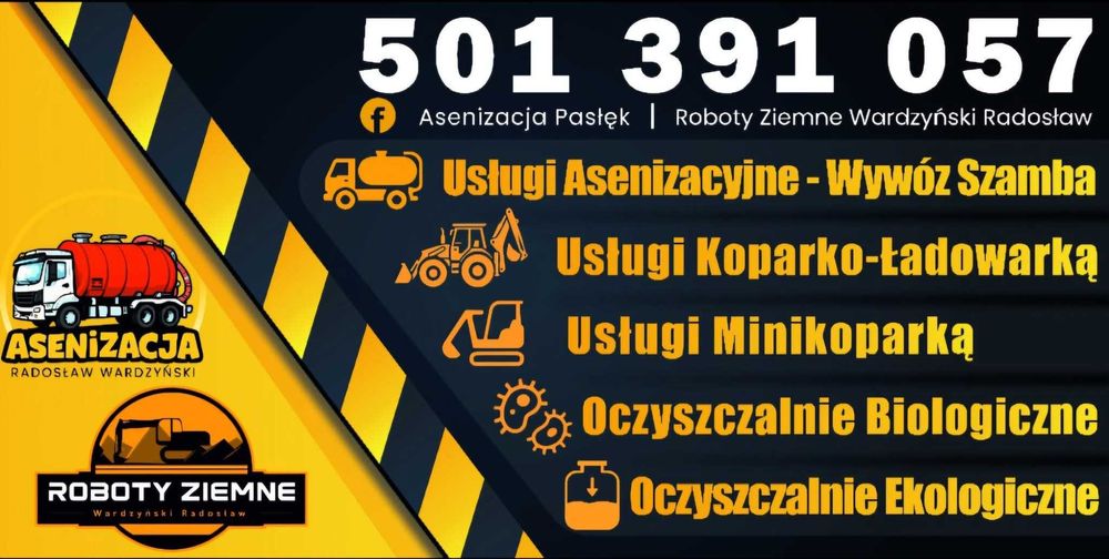 Usługi Koparko-Ładowarką, Minikoparką, Wywrotka 3ośka, Oczyszczalnie,