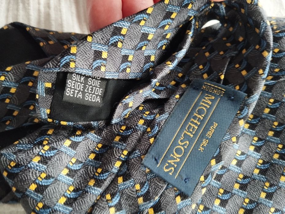 Męski jedwabny krawat 100% silk, wzorki, szary, kwadraciki, Michaelson