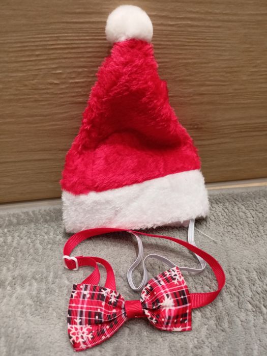 Nowy zestaw świąteczny, czapka Mikołaja i kokardka, obroża regulowana