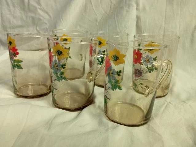 Szklanki z uszkiem kompotierki malowane kwiaty komplet zestaw PRL