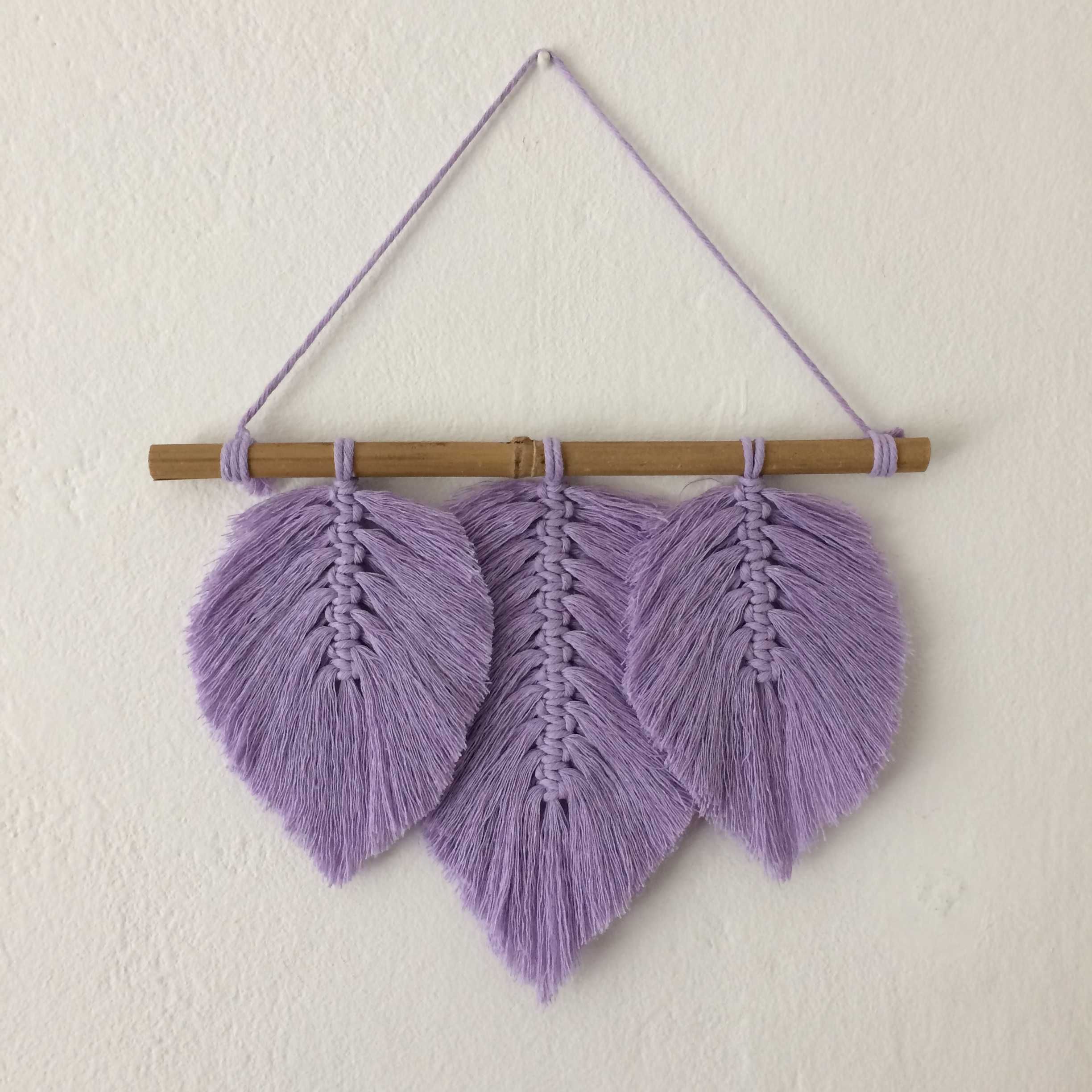 Makrama wrzos lawenda fioletowa liście pióra boho dekoracja handmade