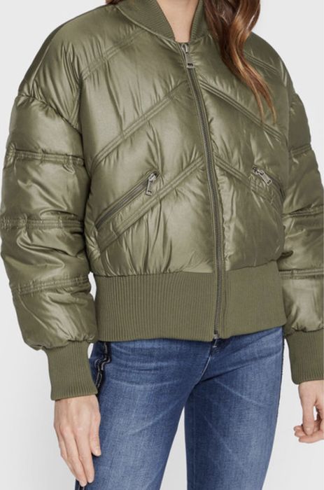 Жіноча куртка Пуфер натуральний пух пуховик бомбер оливкова S-M
