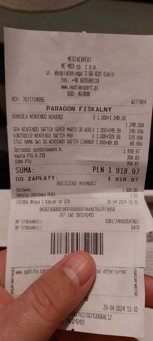 Nintendo Switch, gwarancja, dodatkowy pad i gra.
