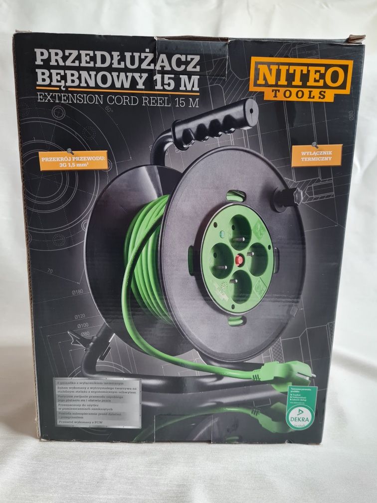 Przedłużacz bębnowy 15m 3x1.5 mm z wyłącznikiem termicznym nowy