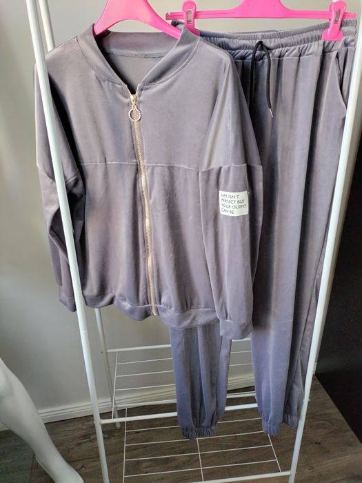 Hit sezonu ! Set welur naszywka szary bluza spodnie uni S-XL