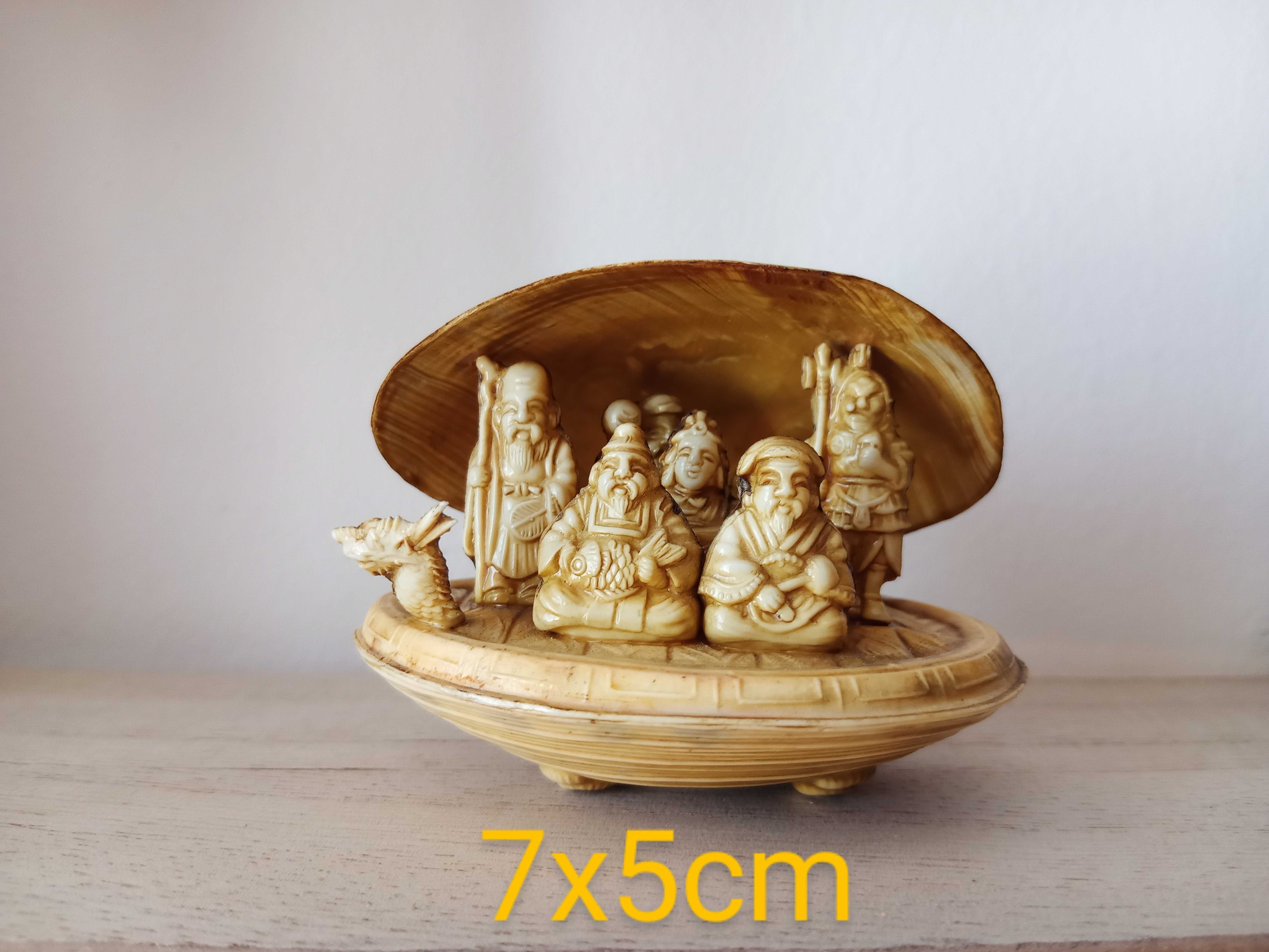 Diorama vintage japonês, concha com 7 deuses da sorte e boa fortuna