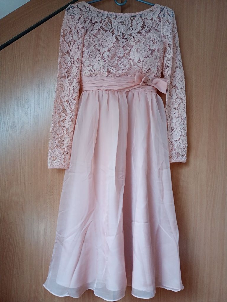 Suknia midi morelowa z rękawem r.32-34"asos"